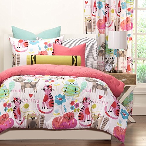 3-Piece-Girls-Kids-Cat-Comforter-Full-Queen-Cute-Adorable-Kittens-Bedding-for-Children-All-Over-Kitty-Kats-Lovers-Pink-Themed-Beautiful-Bright-Colors-0