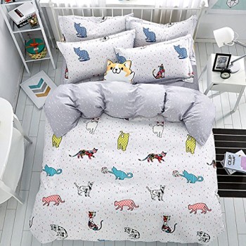 Mumgo-Home-Bedding-for-Adult-Kids-100-Cotton-Lovely-Cat-Pattern-Design-Duvet-Cover-Set-White-FullQueen-Size-4-Piece-without-Comforter-0-0