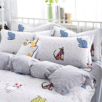 Mumgo-Home-Bedding-for-Adult-Kids-100-Cotton-Lovely-Cat-Pattern-Design-Duvet-Cover-Set-White-FullQueen-Size-4-Piece-without-Comforter-0-1