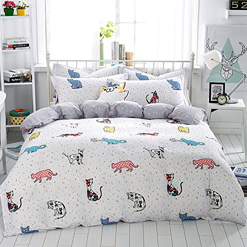 Mumgo-Home-Bedding-for-Adult-Kids-100-Cotton-Lovely-Cat-Pattern-Design-Duvet-Cover-Set-White-FullQueen-Size-4-Piece-without-Comforter-0