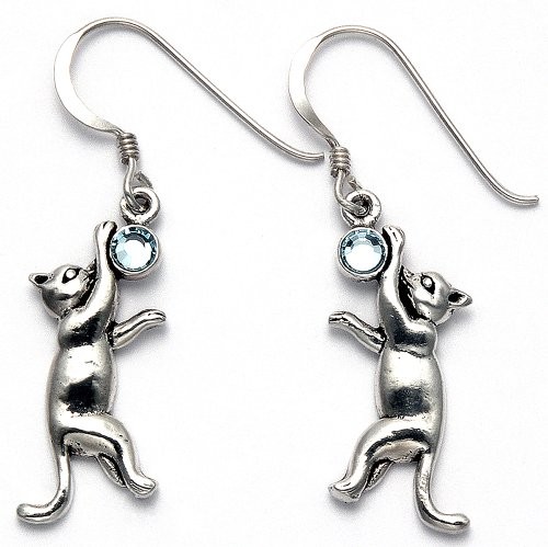 Sterling-Silver-Jumping-Cat-Wire-Earrings-wBlue-Crystal-Stone-0
