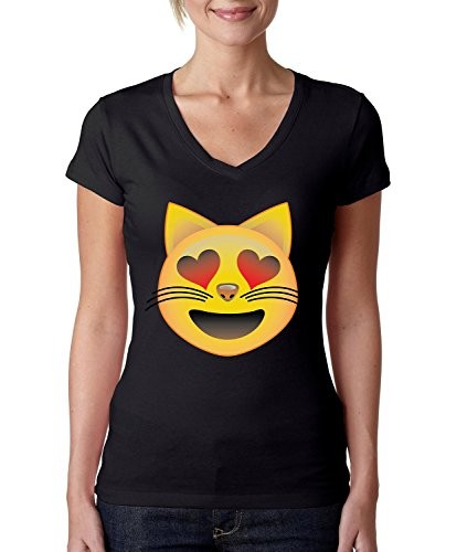 Allntrends-Womens-V-Shirt-Emoji-Cat-Harts-S-Black-0
